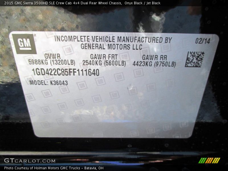 Info Tag of 2015 Sierra 3500HD SLE Crew Cab 4x4 Dual Rear Wheel Chassis