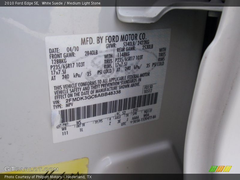 White Suede / Medium Light Stone 2010 Ford Edge SE