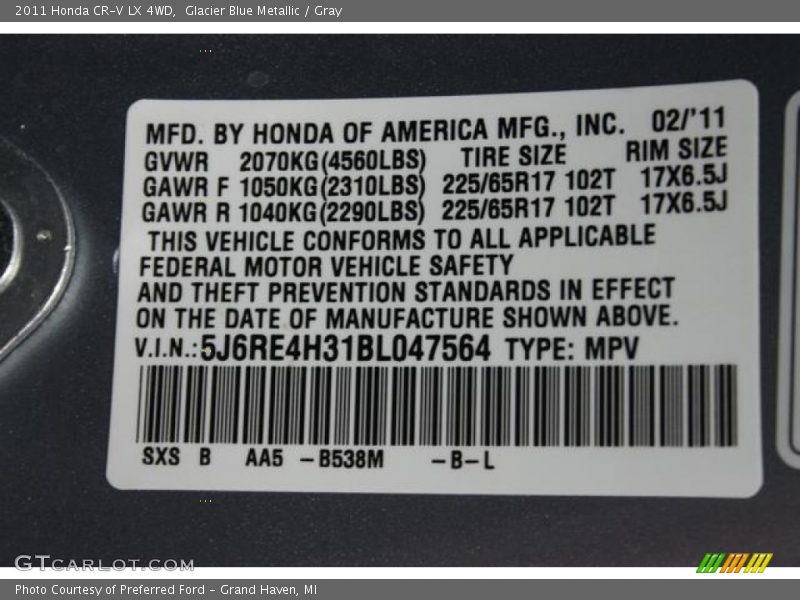 Glacier Blue Metallic / Gray 2011 Honda CR-V LX 4WD