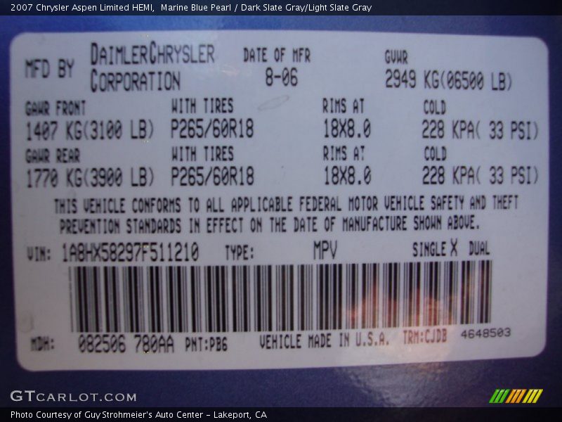Marine Blue Pearl / Dark Slate Gray/Light Slate Gray 2007 Chrysler Aspen Limited HEMI