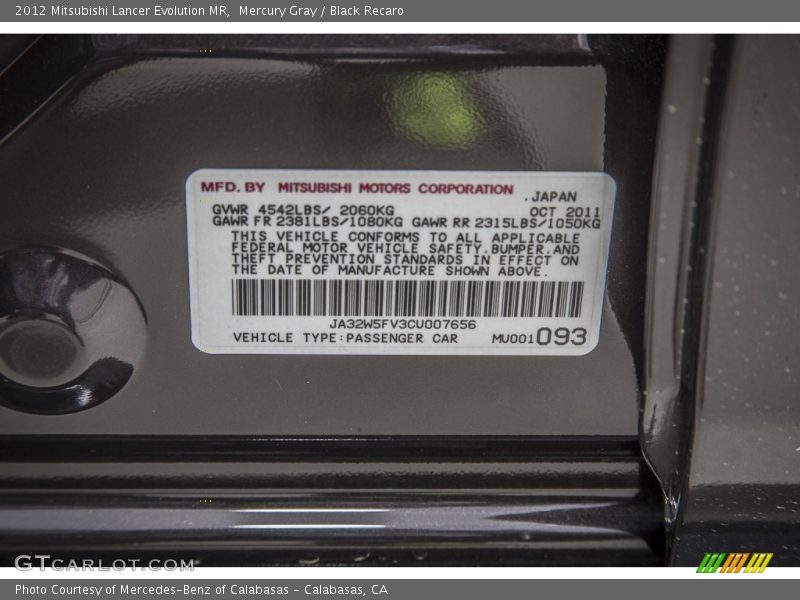 Info Tag of 2012 Lancer Evolution MR