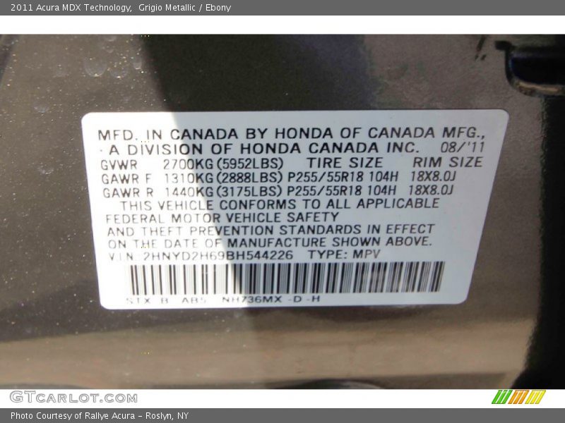 Grigio Metallic / Ebony 2011 Acura MDX Technology