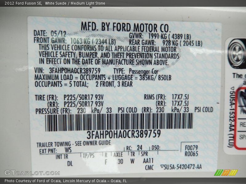 White Suede / Medium Light Stone 2012 Ford Fusion SE