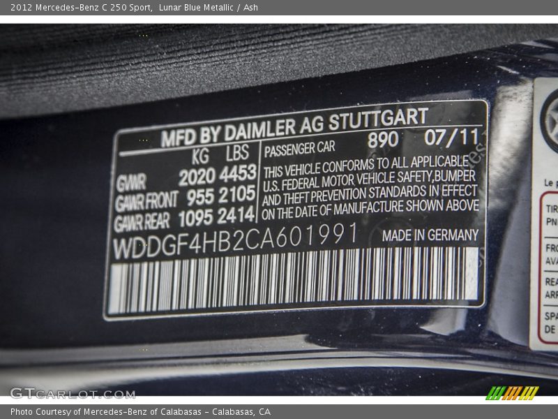 Lunar Blue Metallic / Ash 2012 Mercedes-Benz C 250 Sport