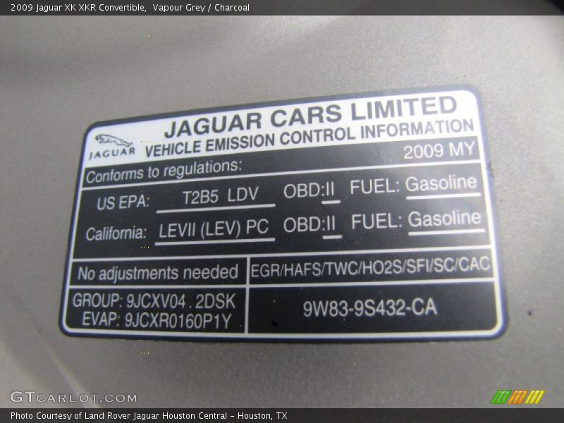 Info Tag of 2009 XK XKR Convertible
