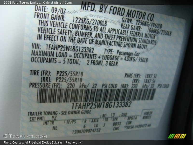 Oxford White / Camel 2008 Ford Taurus Limited