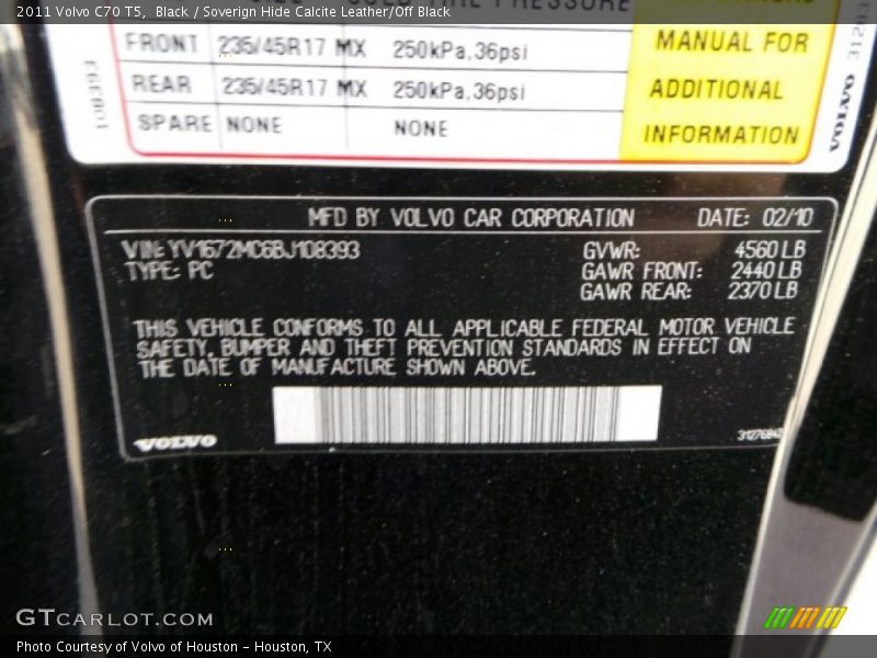 Black / Soverign Hide Calcite Leather/Off Black 2011 Volvo C70 T5