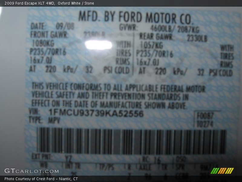 Oxford White / Stone 2009 Ford Escape XLT 4WD