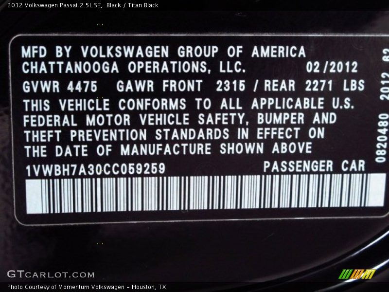 Black / Titan Black 2012 Volkswagen Passat 2.5L SE