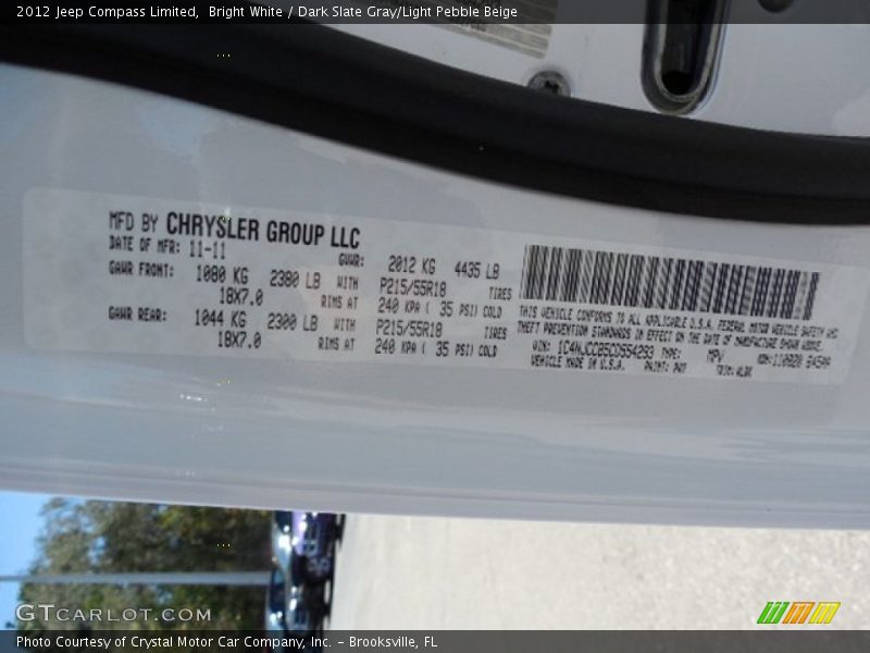 Bright White / Dark Slate Gray/Light Pebble Beige 2012 Jeep Compass Limited