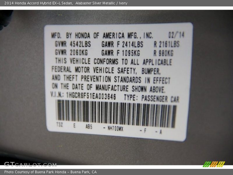 2014 Accord Hybrid EX-L Sedan Alabaster Silver Metallic Color Code NH700MX