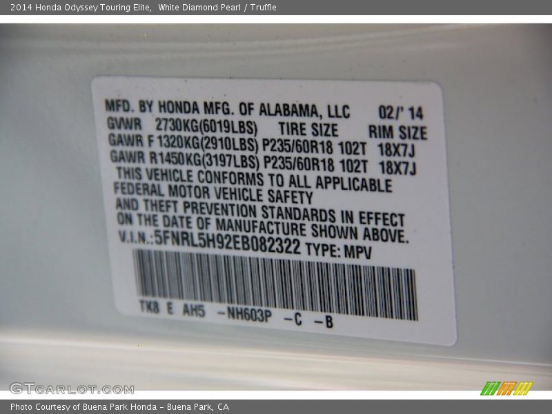 White Diamond Pearl / Truffle 2014 Honda Odyssey Touring Elite