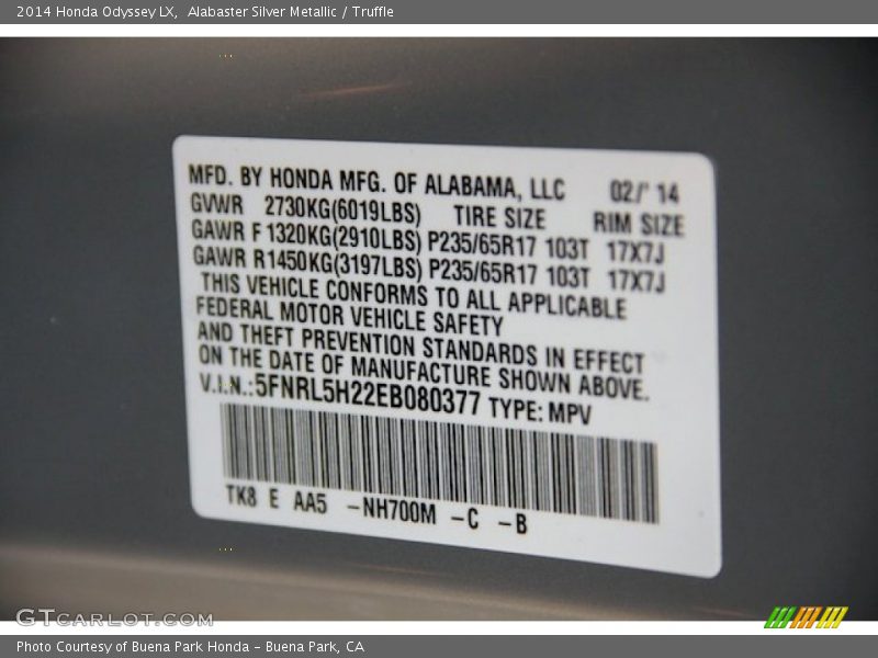 Alabaster Silver Metallic / Truffle 2014 Honda Odyssey LX