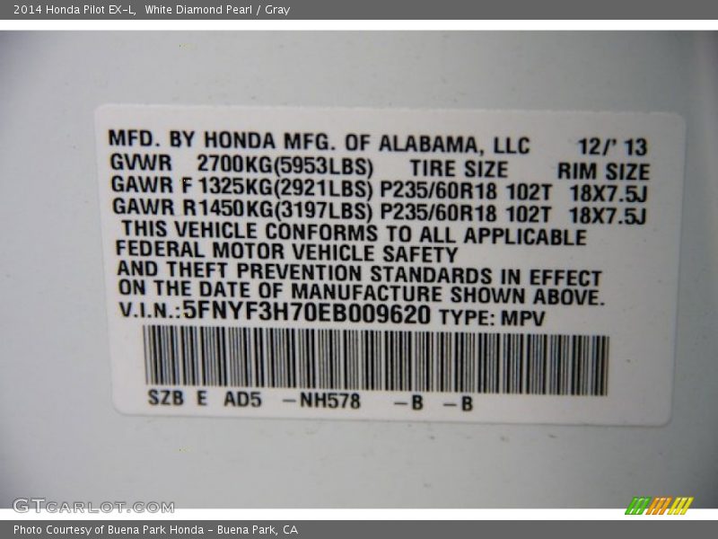 White Diamond Pearl / Gray 2014 Honda Pilot EX-L
