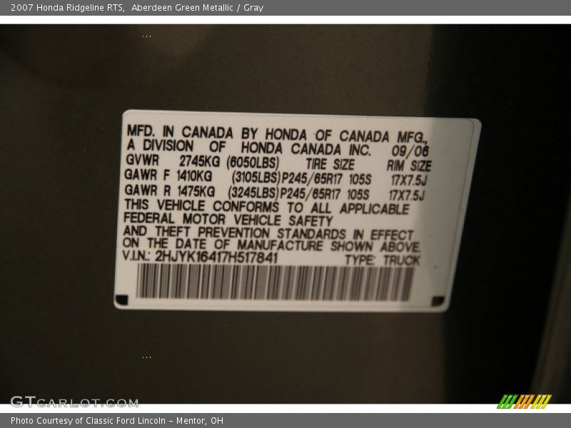 Aberdeen Green Metallic / Gray 2007 Honda Ridgeline RTS