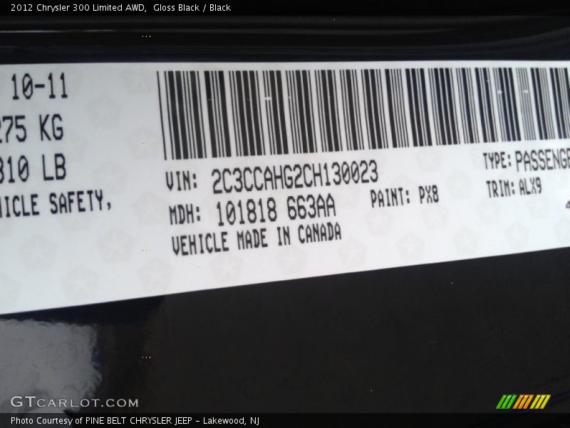 2012 300 Limited AWD Gloss Black Color Code PX8