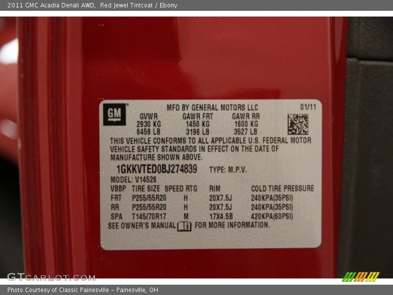Red Jewel Tintcoat / Ebony 2011 GMC Acadia Denali AWD