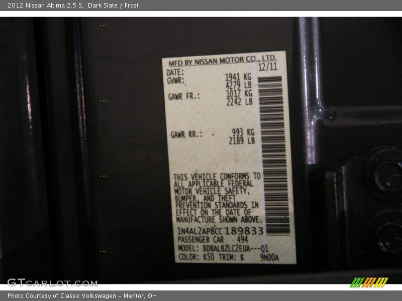 Dark Slate / Frost 2012 Nissan Altima 2.5 S