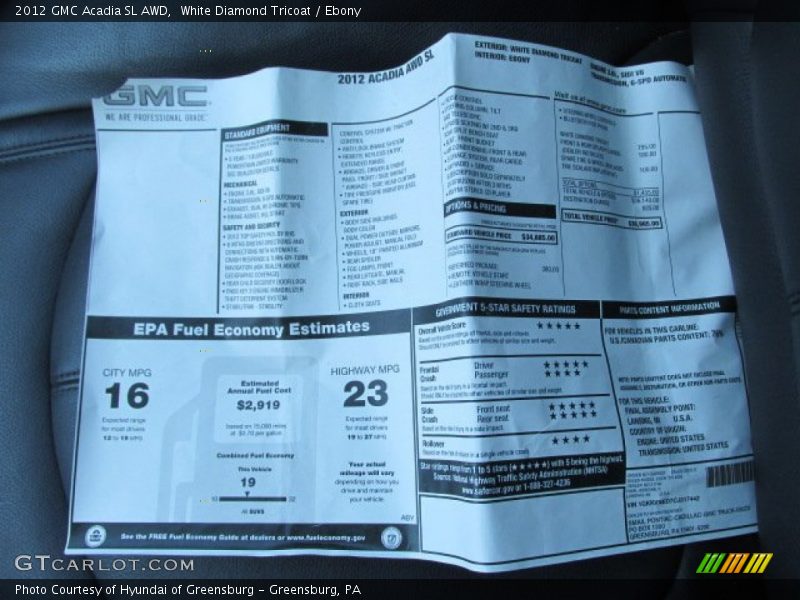  2012 Acadia SL AWD Window Sticker