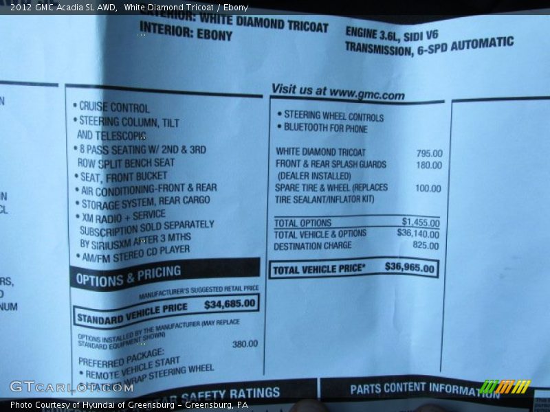  2012 Acadia SL AWD Window Sticker