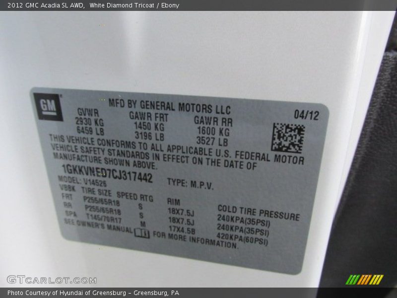 White Diamond Tricoat / Ebony 2012 GMC Acadia SL AWD