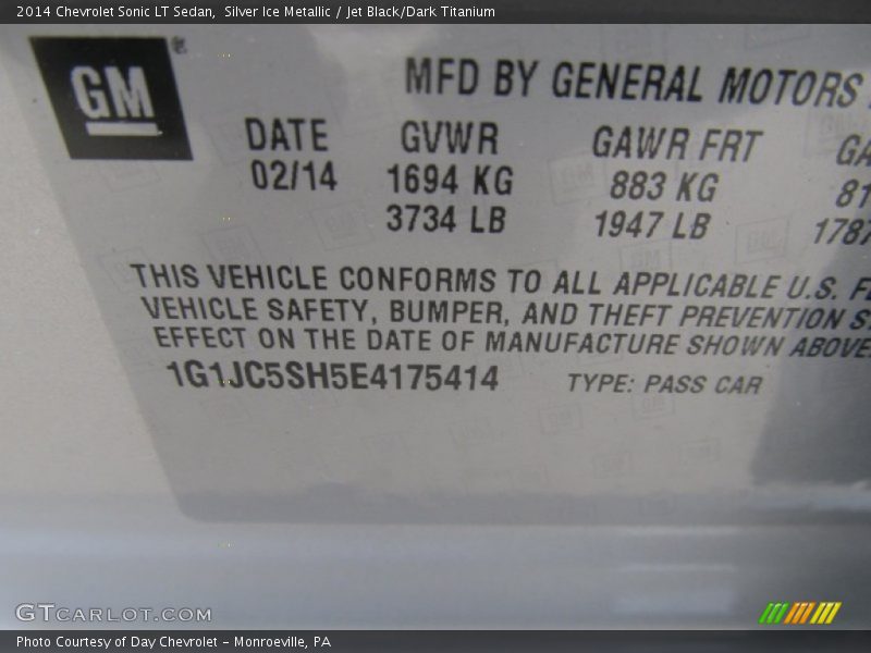 Silver Ice Metallic / Jet Black/Dark Titanium 2014 Chevrolet Sonic LT Sedan