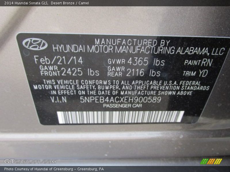 Desert Bronze / Camel 2014 Hyundai Sonata GLS