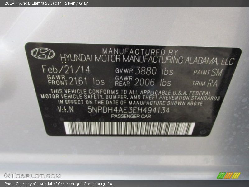 Silver / Gray 2014 Hyundai Elantra SE Sedan