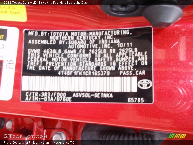 Barcelona Red Metallic / Light Gray 2012 Toyota Camry LE
