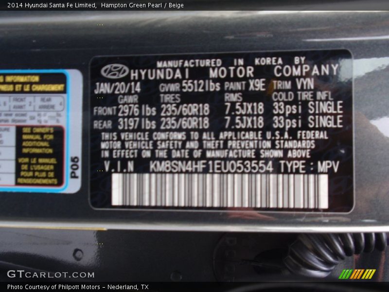 2014 Santa Fe Limited Hampton Green Pearl Color Code X9E