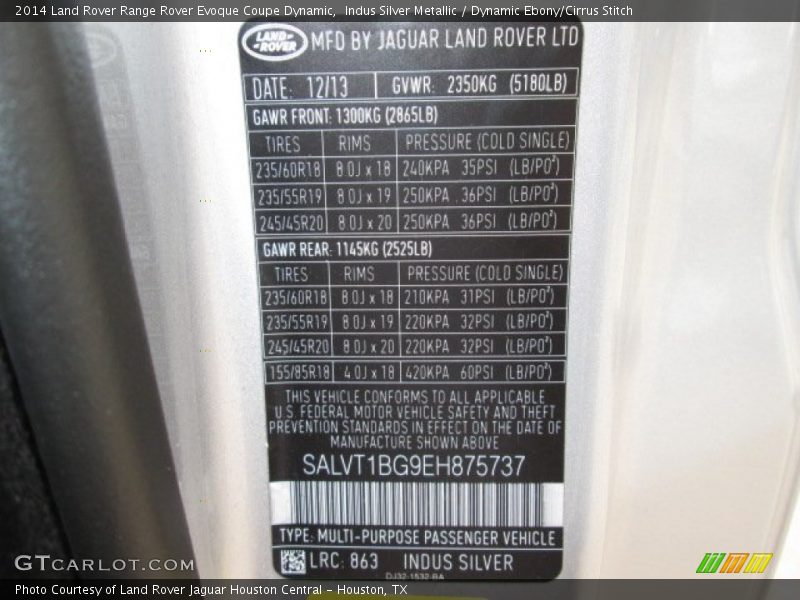 2014 Range Rover Evoque Coupe Dynamic Indus Silver Metallic Color Code 863