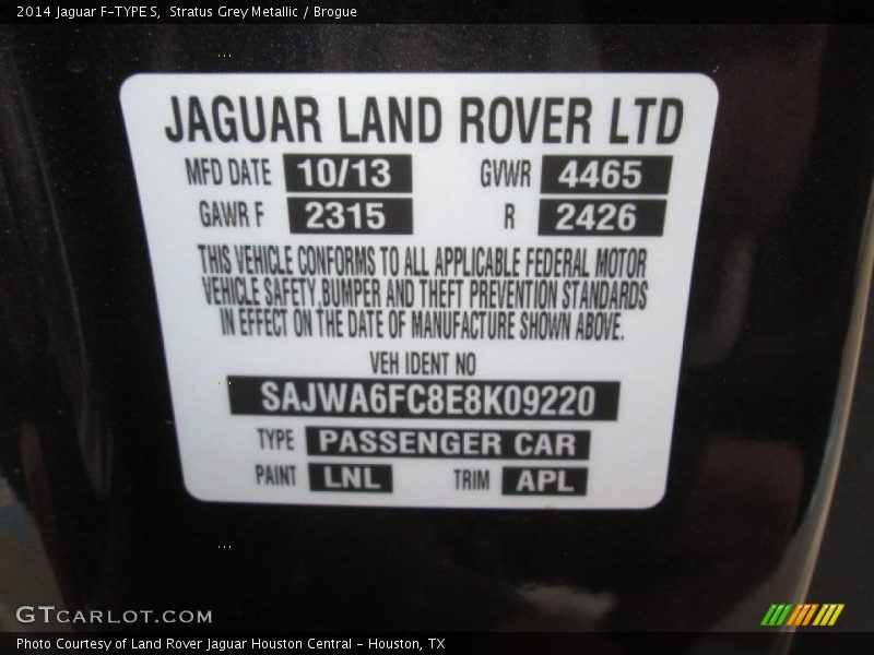 2014 F-TYPE S Stratus Grey Metallic Color Code LNL