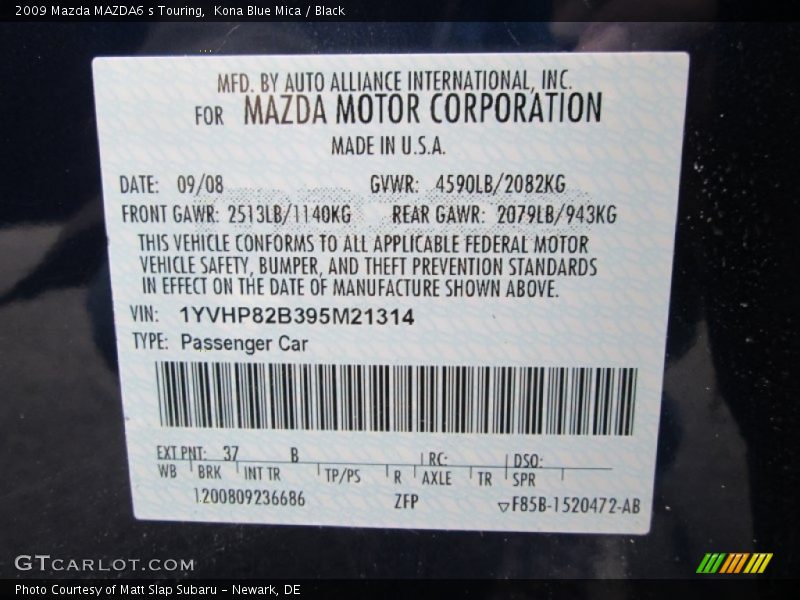 2009 MAZDA6 s Touring Kona Blue Mica Color Code 37B
