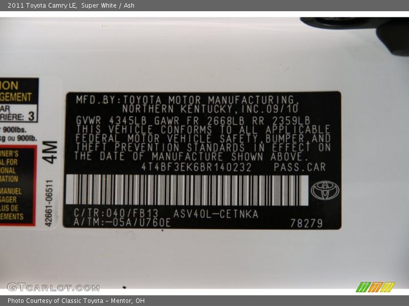 Super White / Ash 2011 Toyota Camry LE