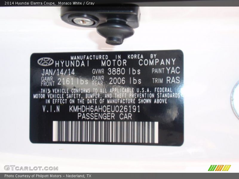 Monaco White / Gray 2014 Hyundai Elantra Coupe