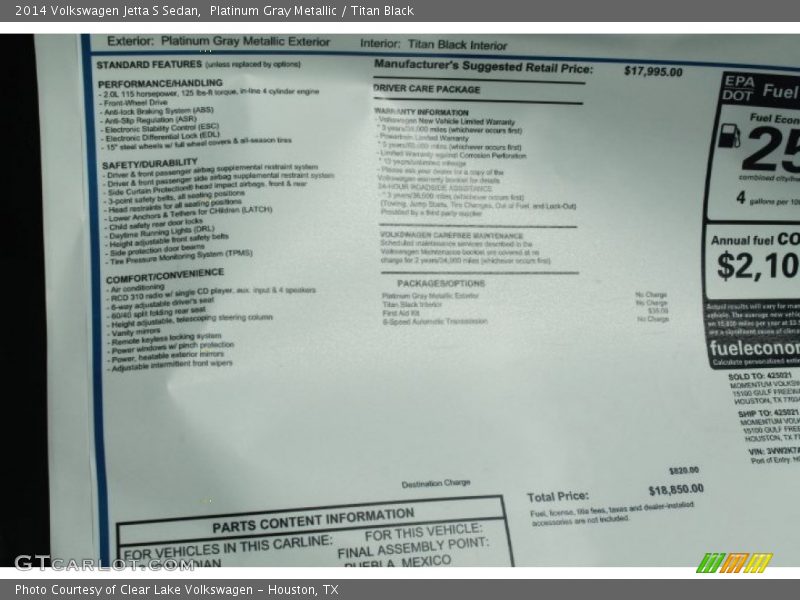 Platinum Gray Metallic / Titan Black 2014 Volkswagen Jetta S Sedan