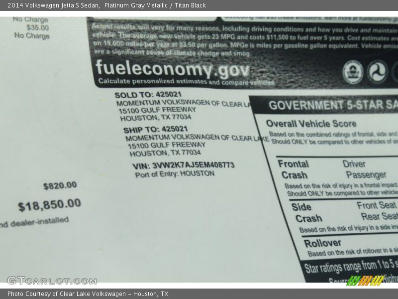 Platinum Gray Metallic / Titan Black 2014 Volkswagen Jetta S Sedan