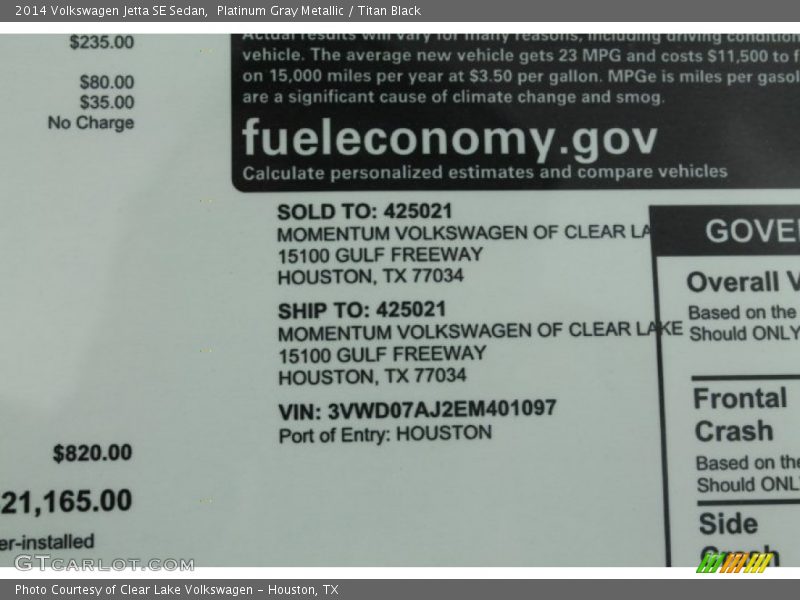 Platinum Gray Metallic / Titan Black 2014 Volkswagen Jetta SE Sedan