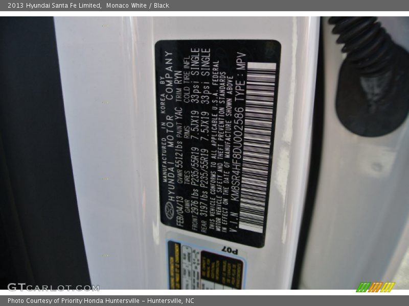 Monaco White / Black 2013 Hyundai Santa Fe Limited