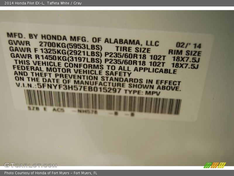 Taffeta White / Gray 2014 Honda Pilot EX-L