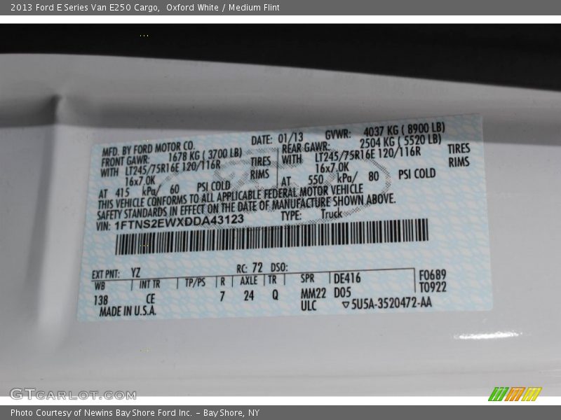 2013 E Series Van E250 Cargo Oxford White Color Code YZ