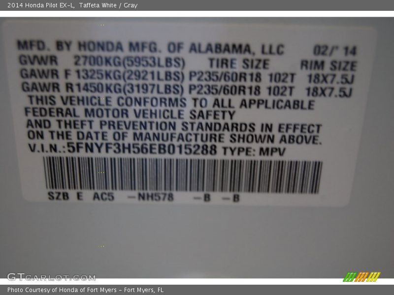 Taffeta White / Gray 2014 Honda Pilot EX-L