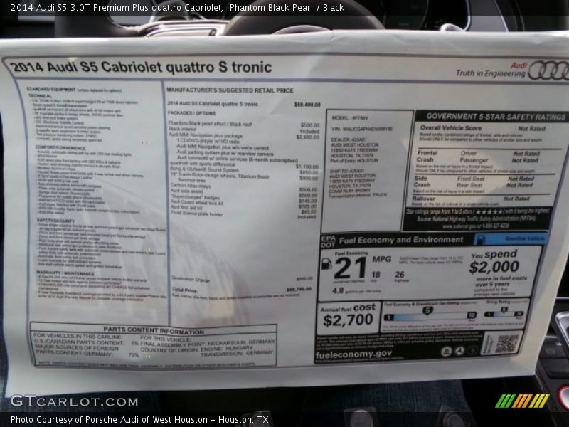  2014 S5 3.0T Premium Plus quattro Cabriolet Window Sticker