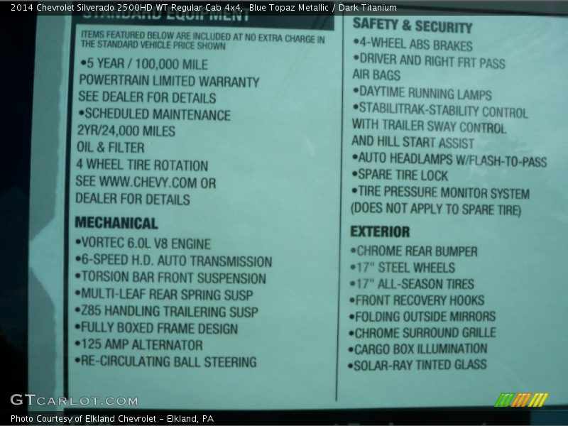 Blue Topaz Metallic / Dark Titanium 2014 Chevrolet Silverado 2500HD WT Regular Cab 4x4