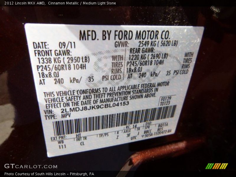 Cinnamon Metallic / Medium Light Stone 2012 Lincoln MKX AWD