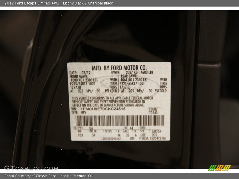 Ebony Black / Charcoal Black 2012 Ford Escape Limited 4WD