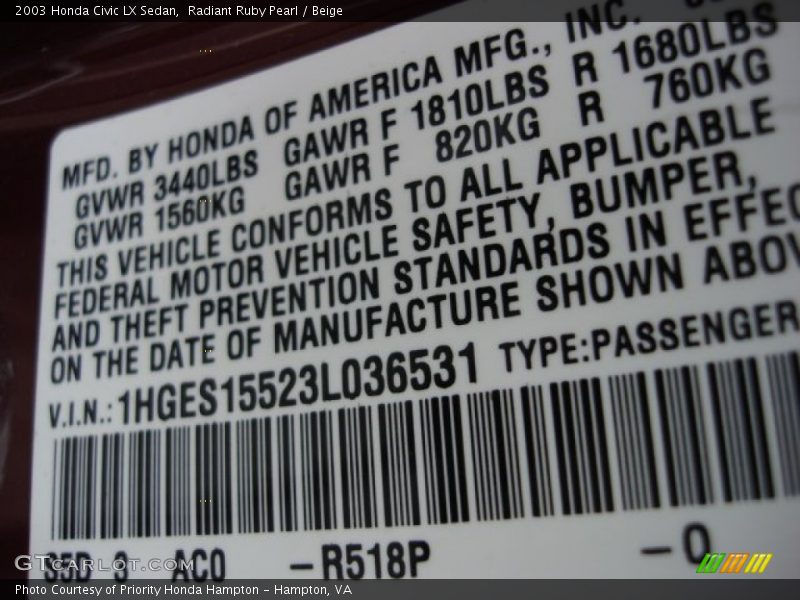 Radiant Ruby Pearl / Beige 2003 Honda Civic LX Sedan