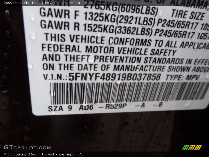 Dark Cherry Pearl / Black 2009 Honda Pilot Touring 4WD