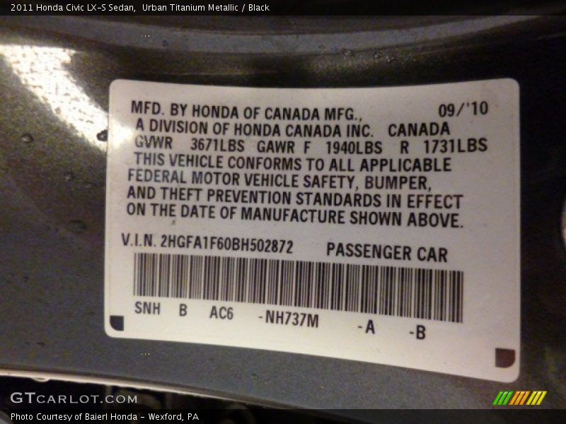 Urban Titanium Metallic / Black 2011 Honda Civic LX-S Sedan