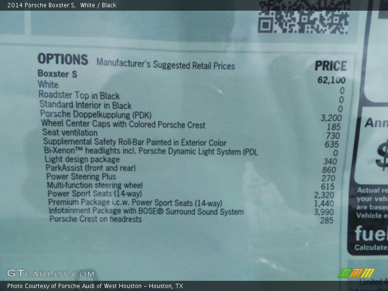  2014 Boxster S Window Sticker